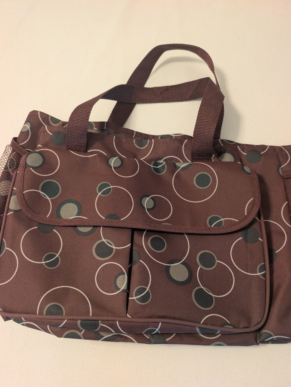 TOTE BAG BROWN AND GREEN DOTS CIRCLES LARGE OUTER POCKET W/2 MESH